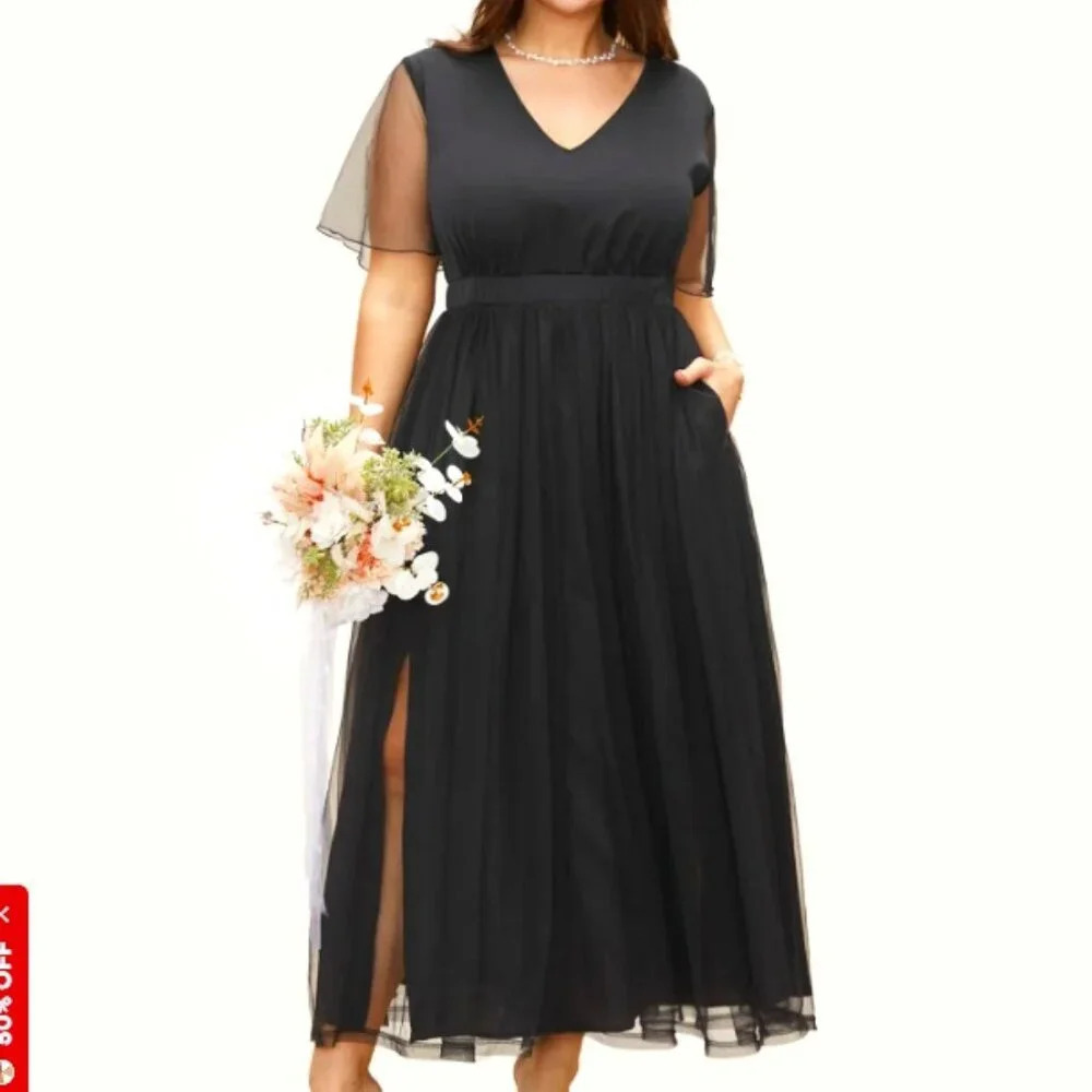 BloomChic V Neck Mesh Patchwork Split Hem Dress us 12
